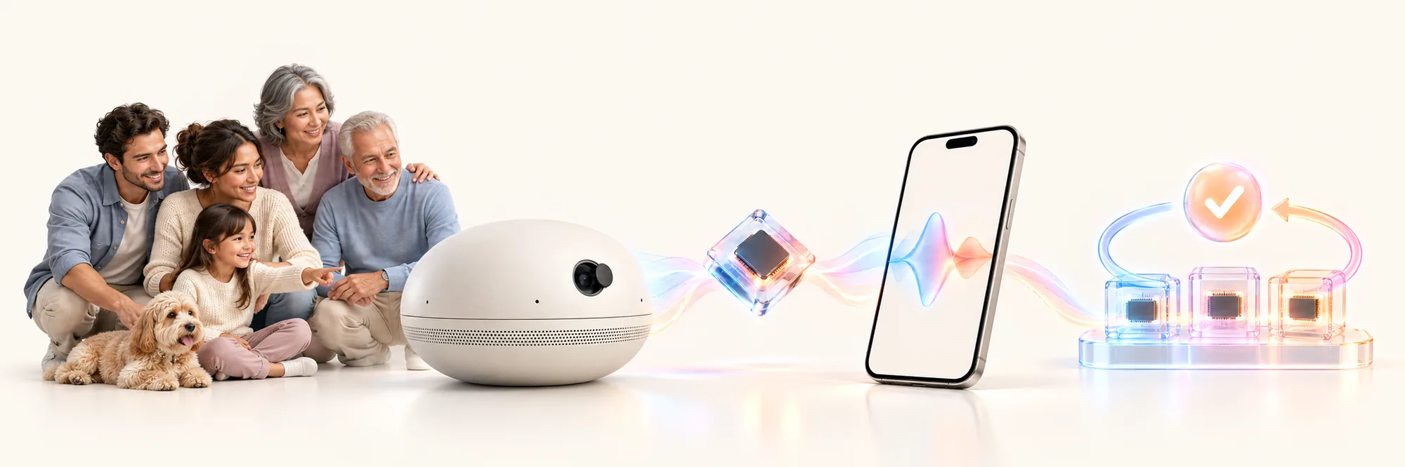 A household and their dog beside the ambient hardware, the personal-intelligence chip, the app and voice surface, and the model factory that trains and evaluates it